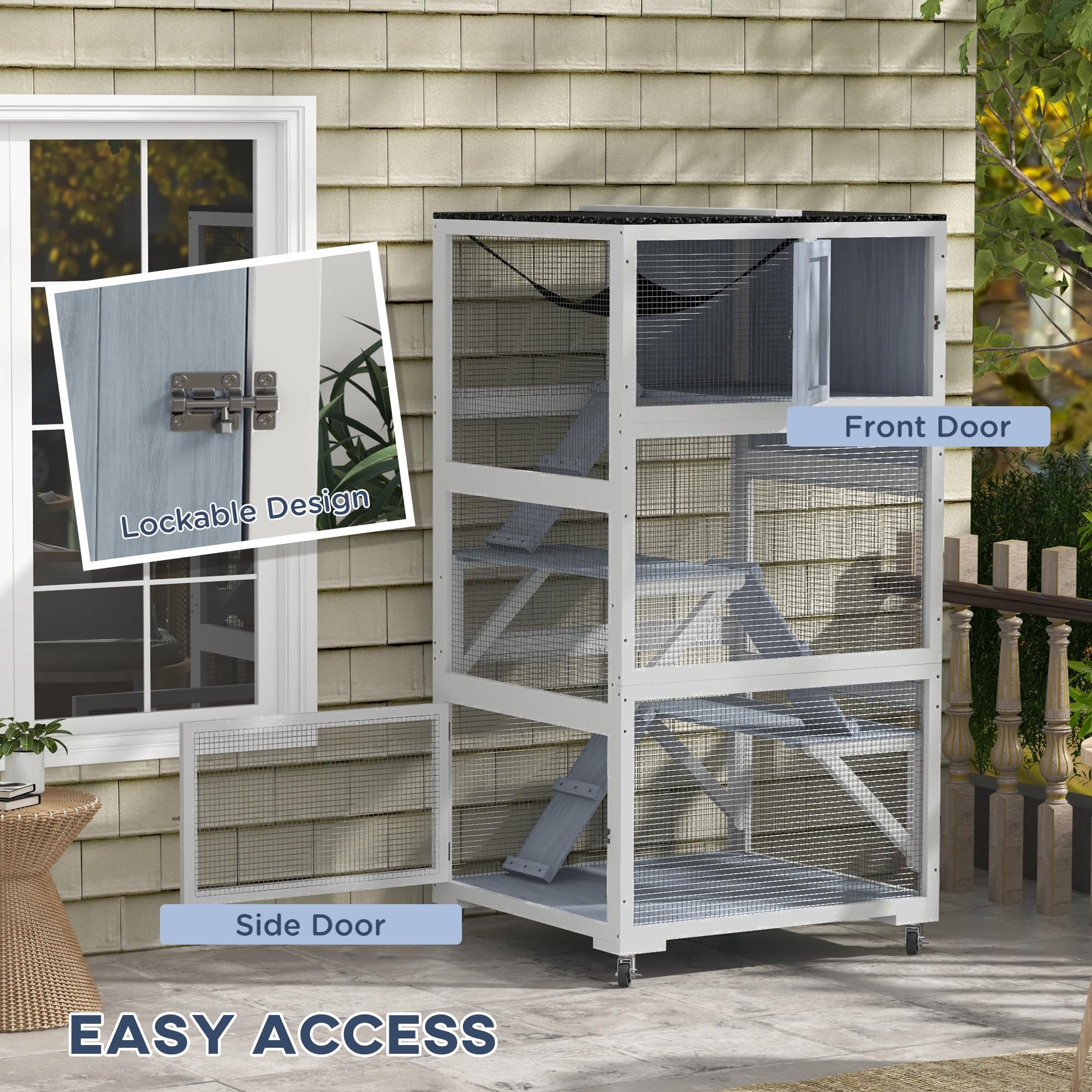 Pawhut Catio, Outdoor Cat Enclosure House, Wooden Feral Cat Shelter On Wheels, Cat Cage With Hammock, Platforms Ramps, And Weath